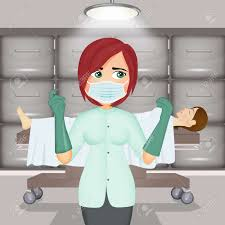 masked cartoon coroner with cadaver behind her